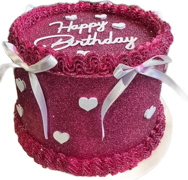 Bolo pink com glitter, laços brancos de cetim e corações